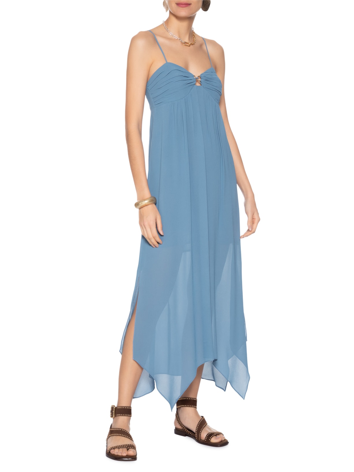 Vestido Midi Busto Franzido Azul Maria Filó