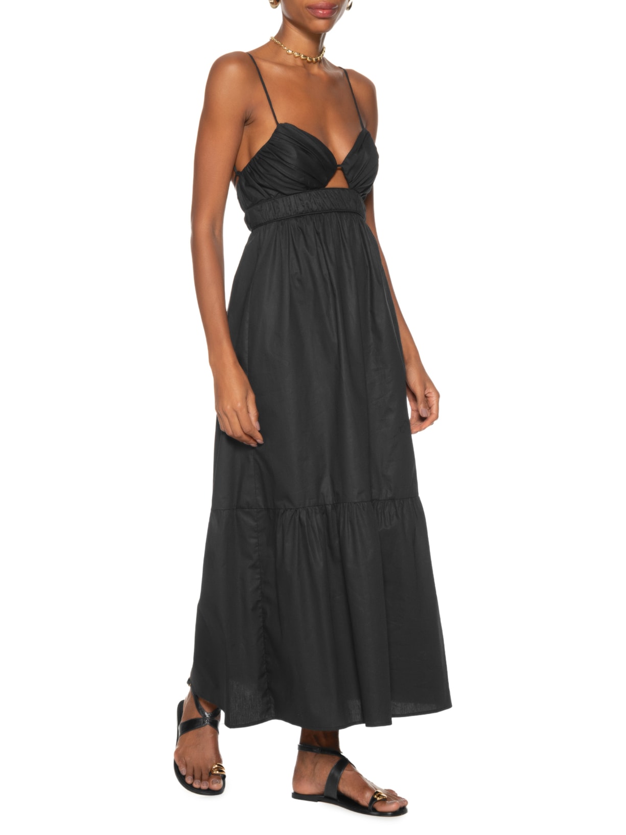 Vestido Midi Busto Franzido De Algodão Preto Animale