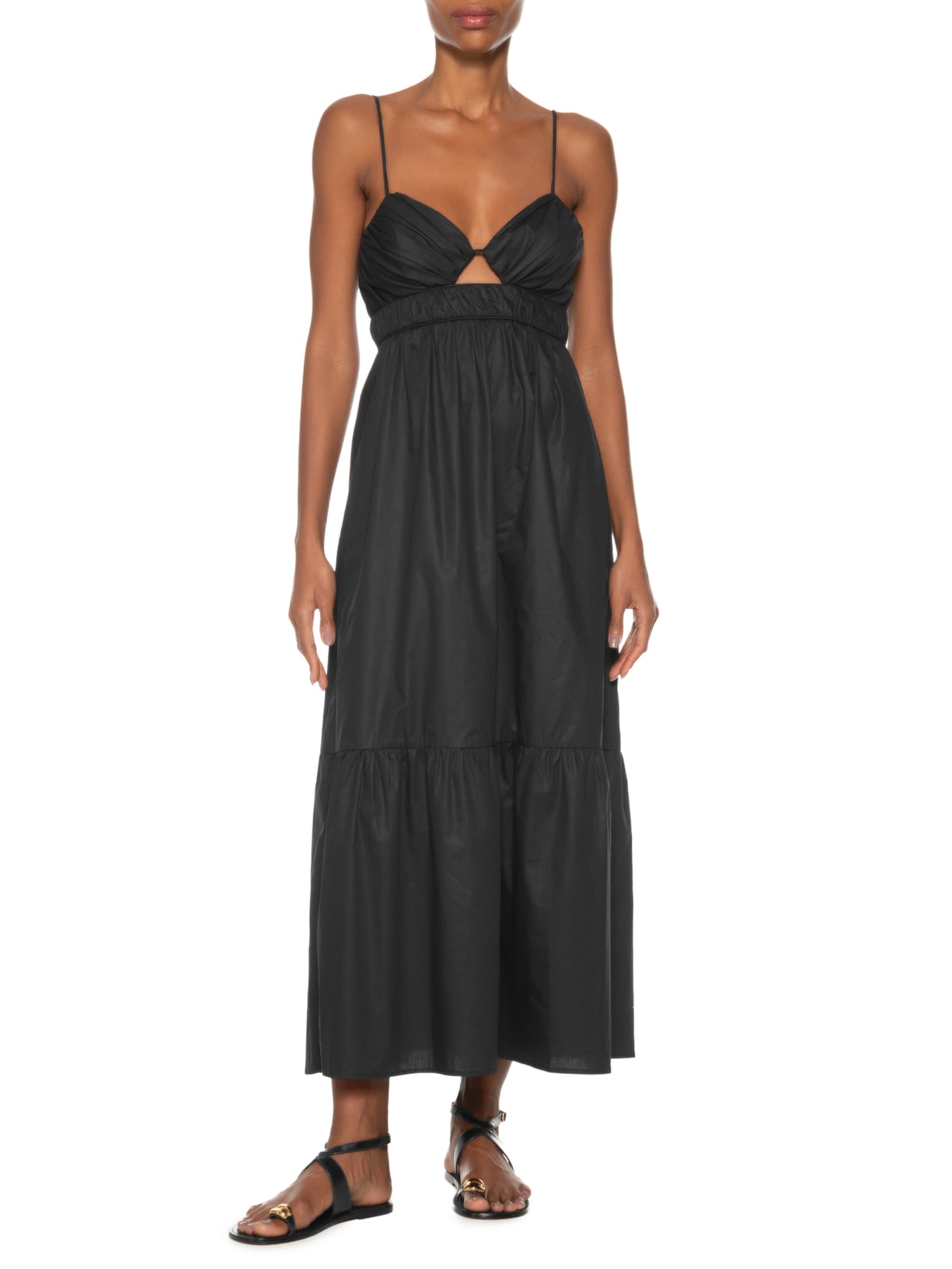 Vestido Midi Busto Franzido De Algodão Preto Animale