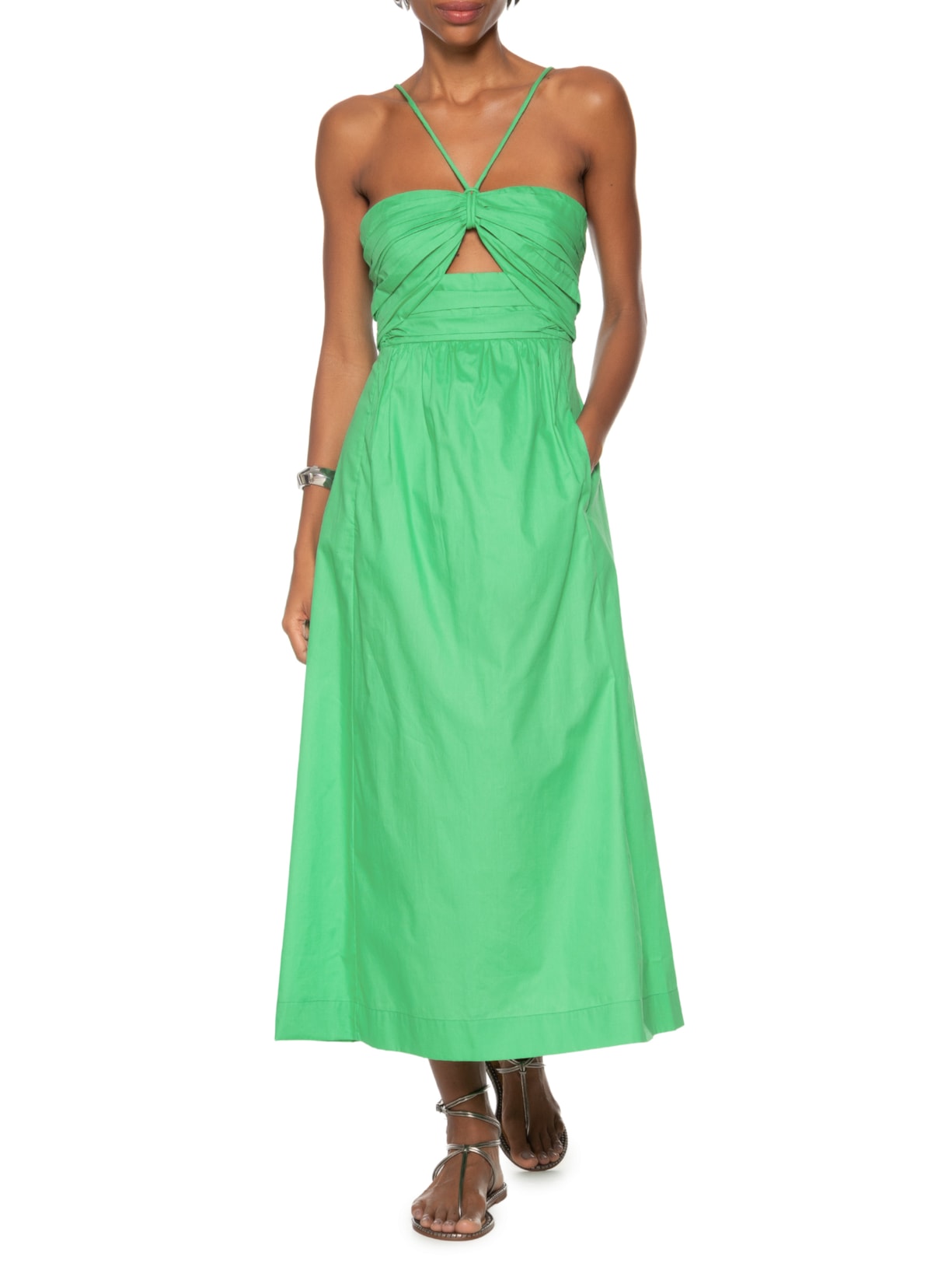 Vestido Midi Busto Franzido De Algodão Verde Animale