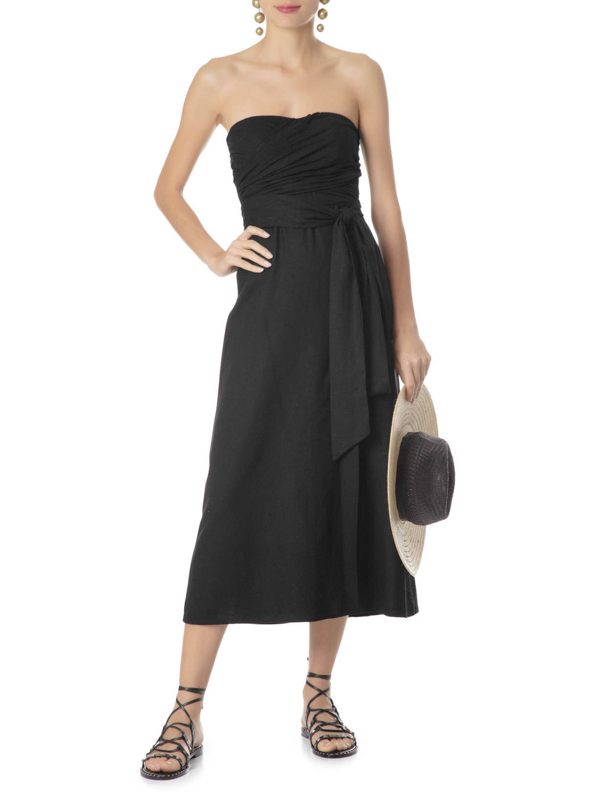 Vestido Midi Busto Franzido Preto Maria Filó