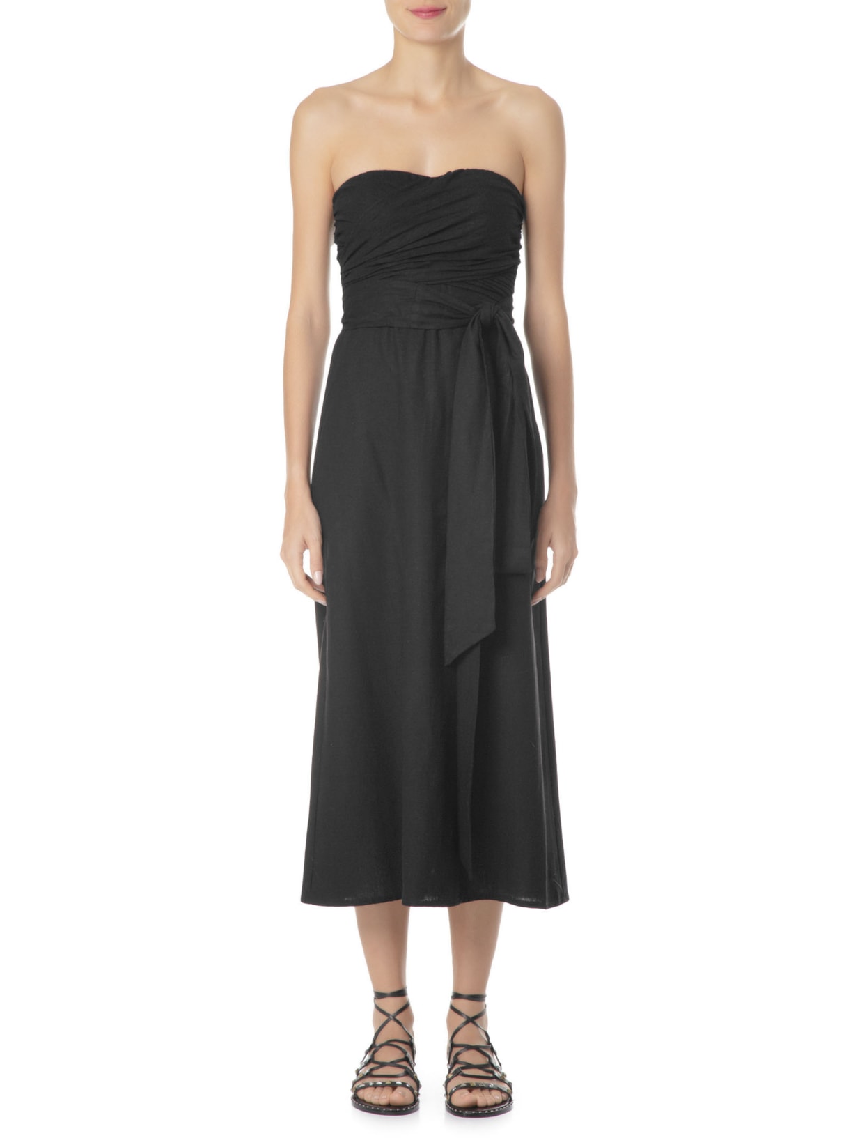 Vestido Midi Busto Franzido Preto Maria Filó