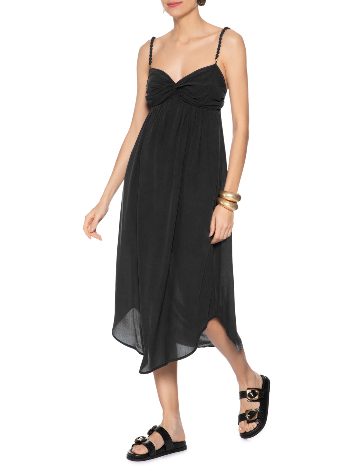 Vestido Midi Busto Franzido Preto Maria Filó