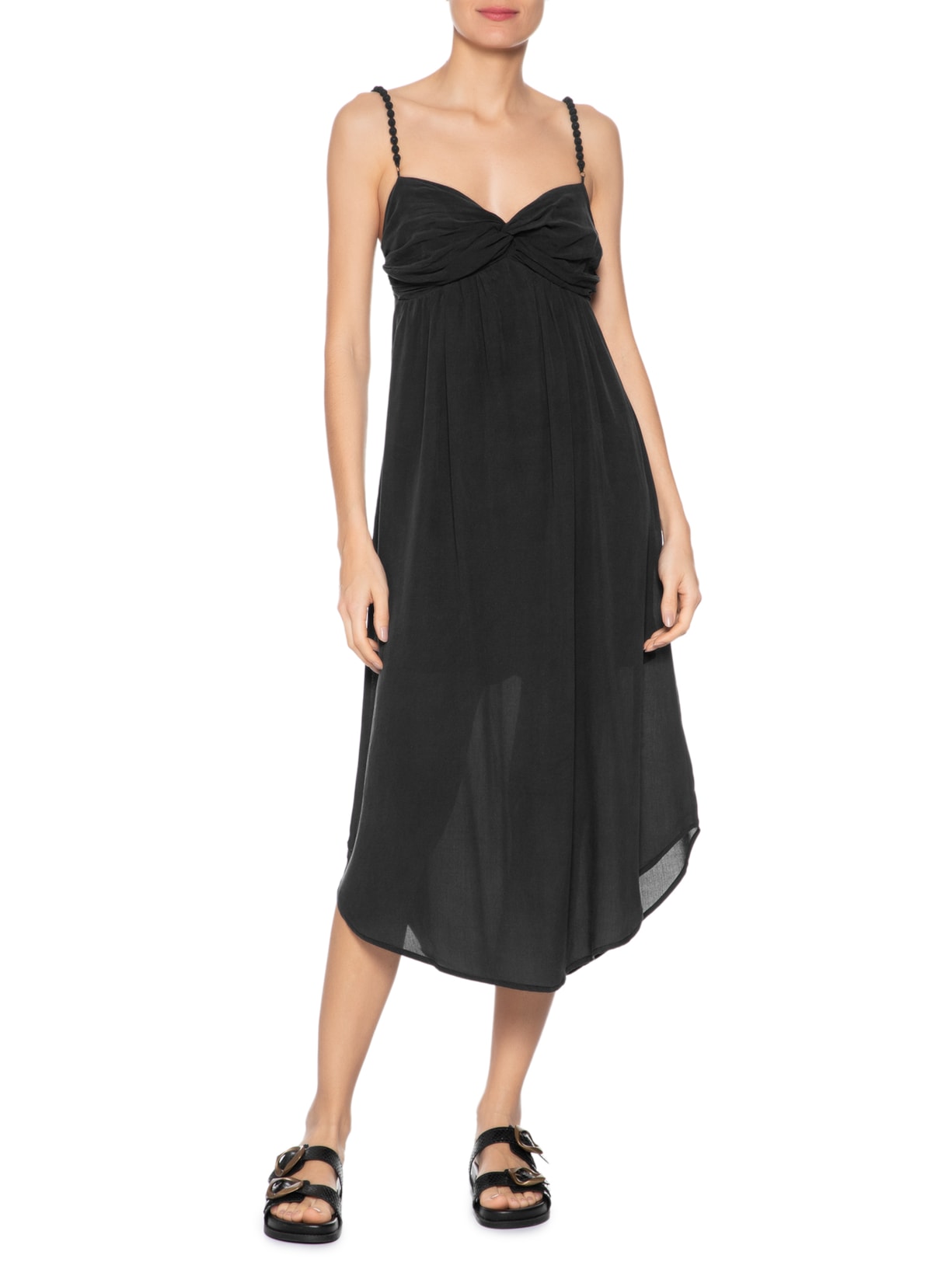 Vestido Midi Busto Franzido Preto Maria Filó