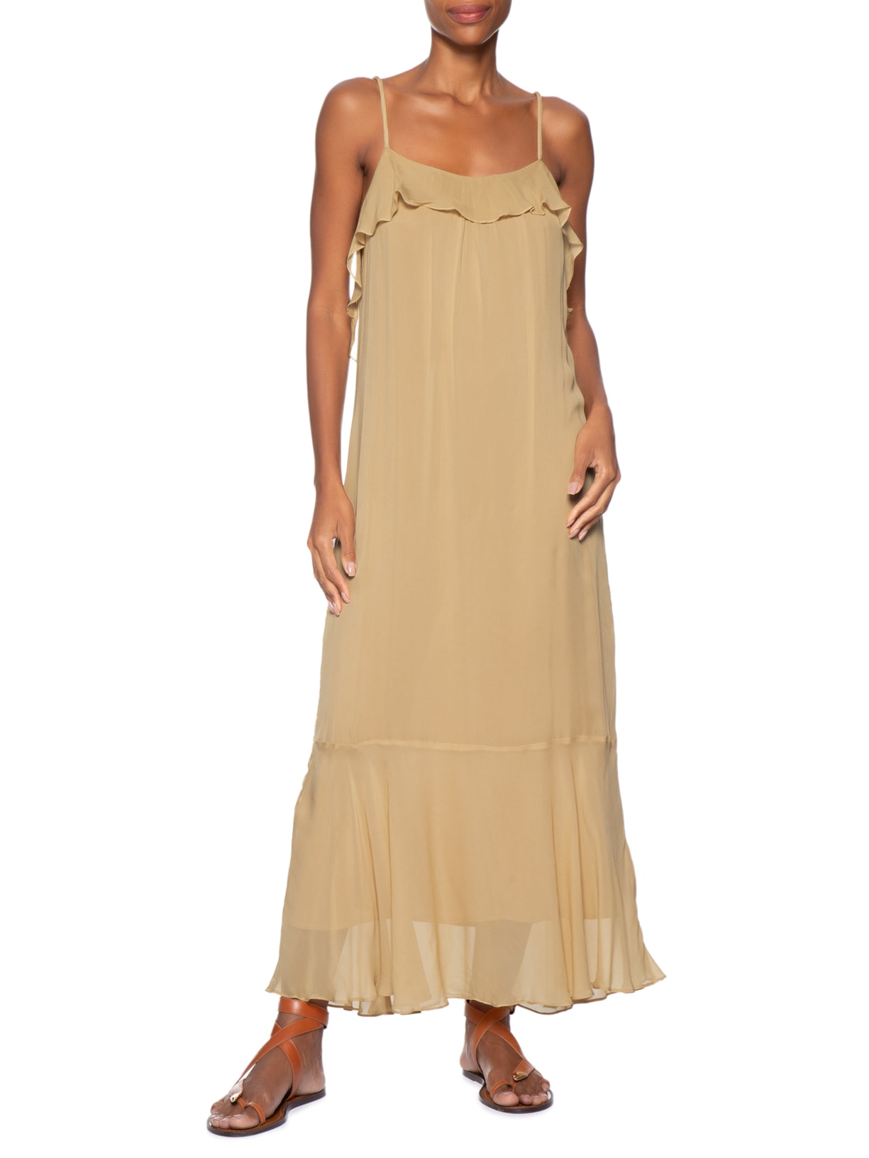 Vestido Midi Camada Decote U Marrom Animale