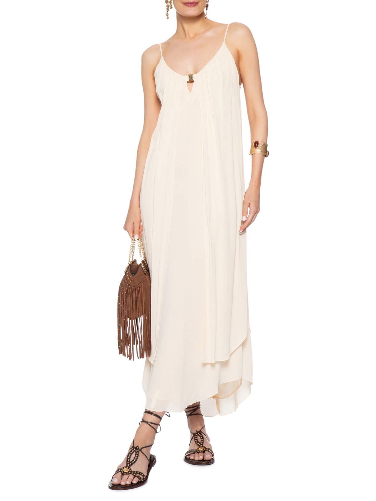Vestido Midi Camadas GGT Busto Metal Bege Maria Filó