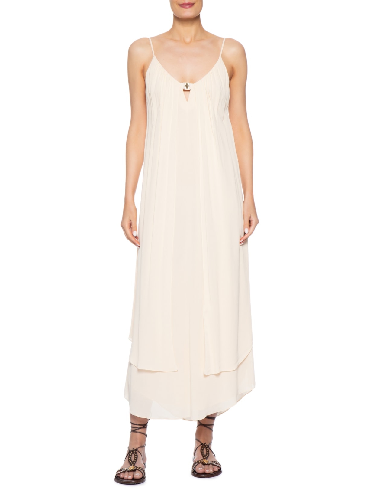 Vestido Midi Camadas GGT Busto Metal Bege Maria Filó