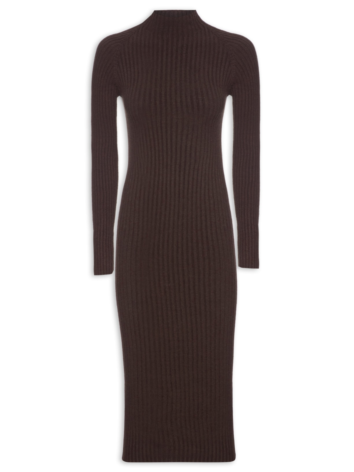 Vestido Midi Canelado Manga Longa - Marrom