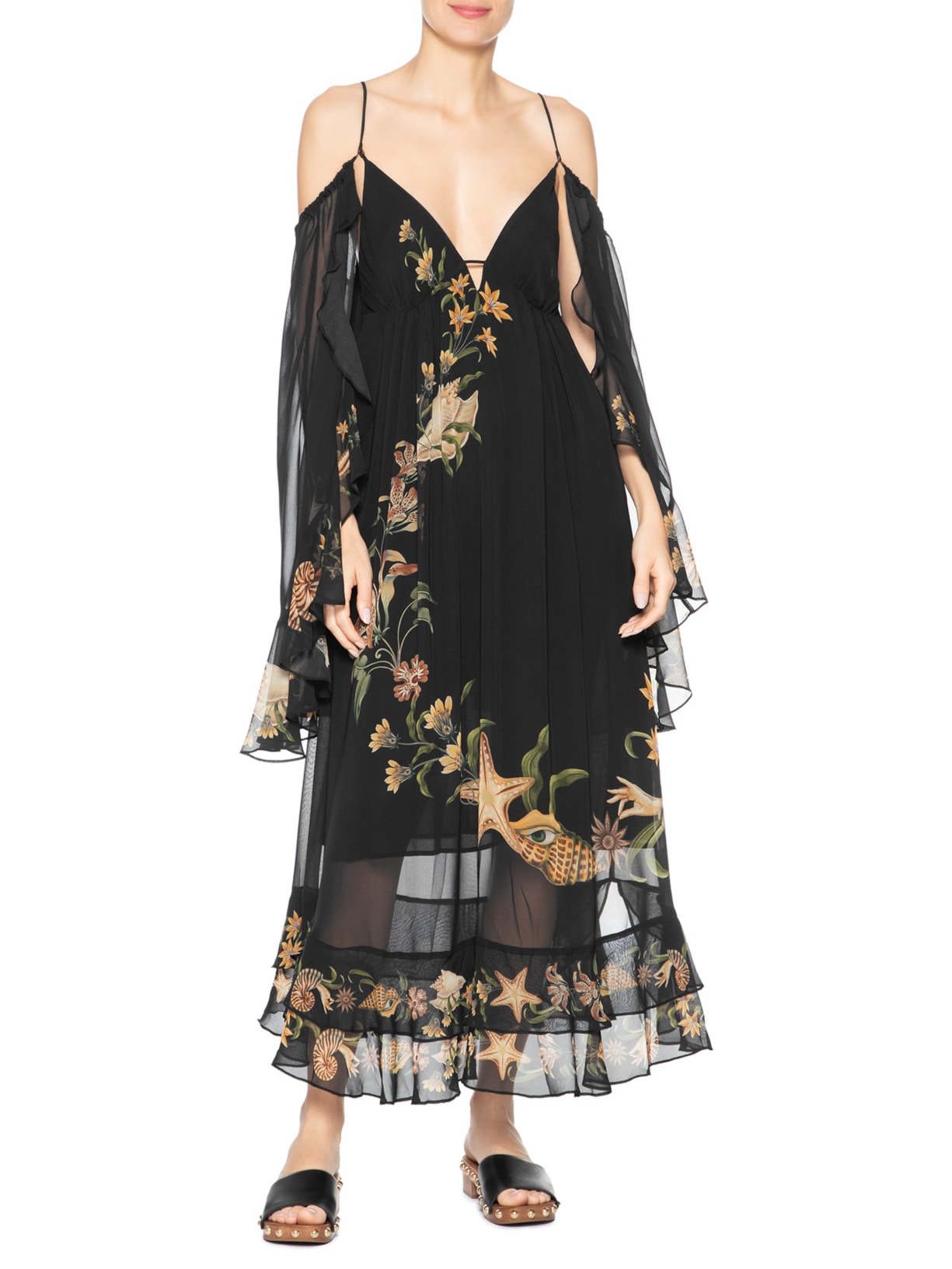 Vestido Midi Capa Concha Surreal Preto Farm