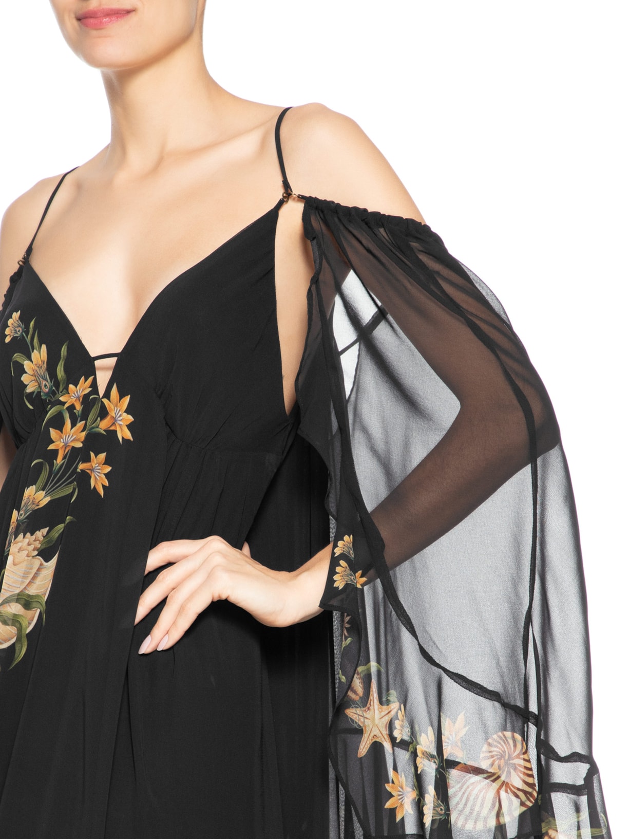 Vestido Midi Capa Concha Surreal Preto Farm