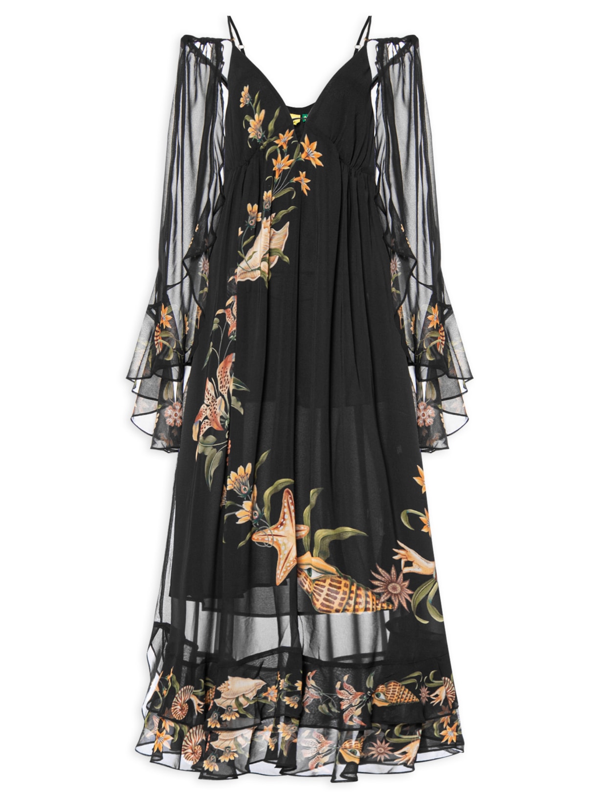 Vestido Midi Capa Concha Surreal Preto Farm