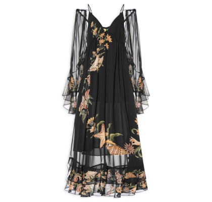 Vestido Midi Capa Concha Surreal - Preto