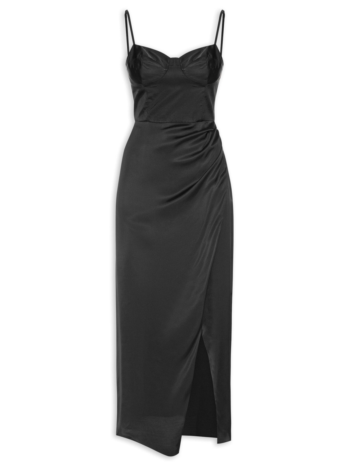 Vestido Midi Cetim Recorte Busto - Preto