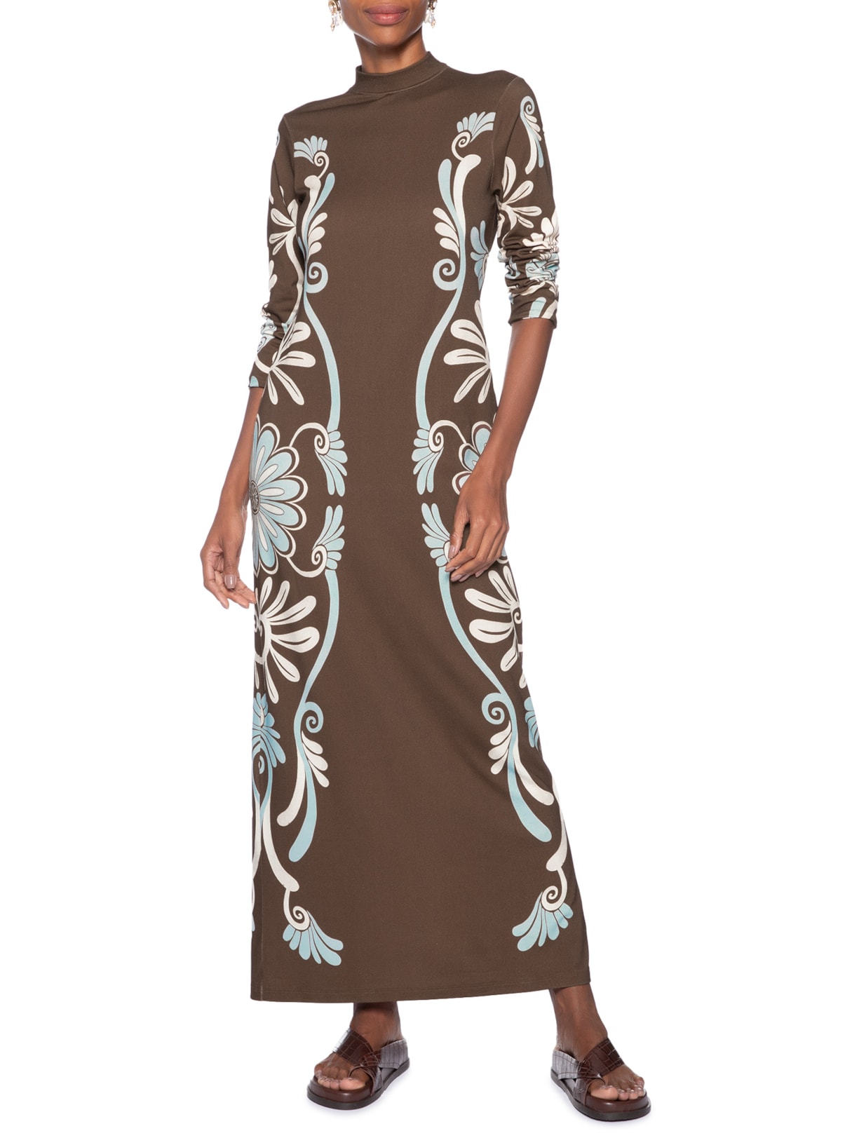 Vestido Midi Coletânea Tropical Marrom Farm