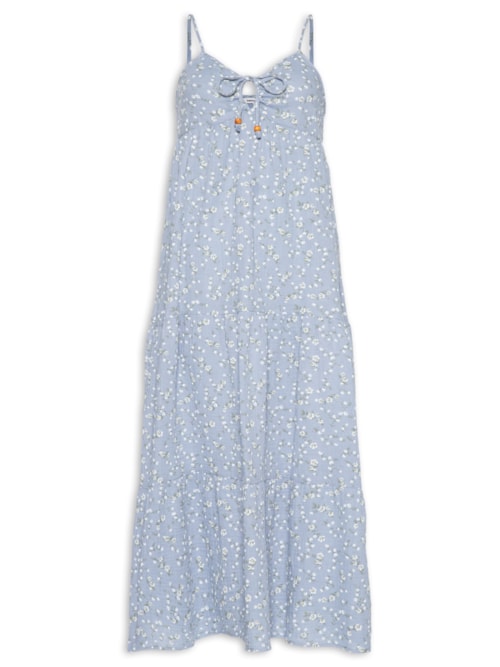 Vestido Midi Com Amarração Estampado - Azul