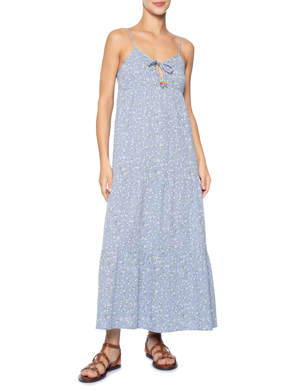 Vestido Midi Com Amarração Estampado Azul Basiq