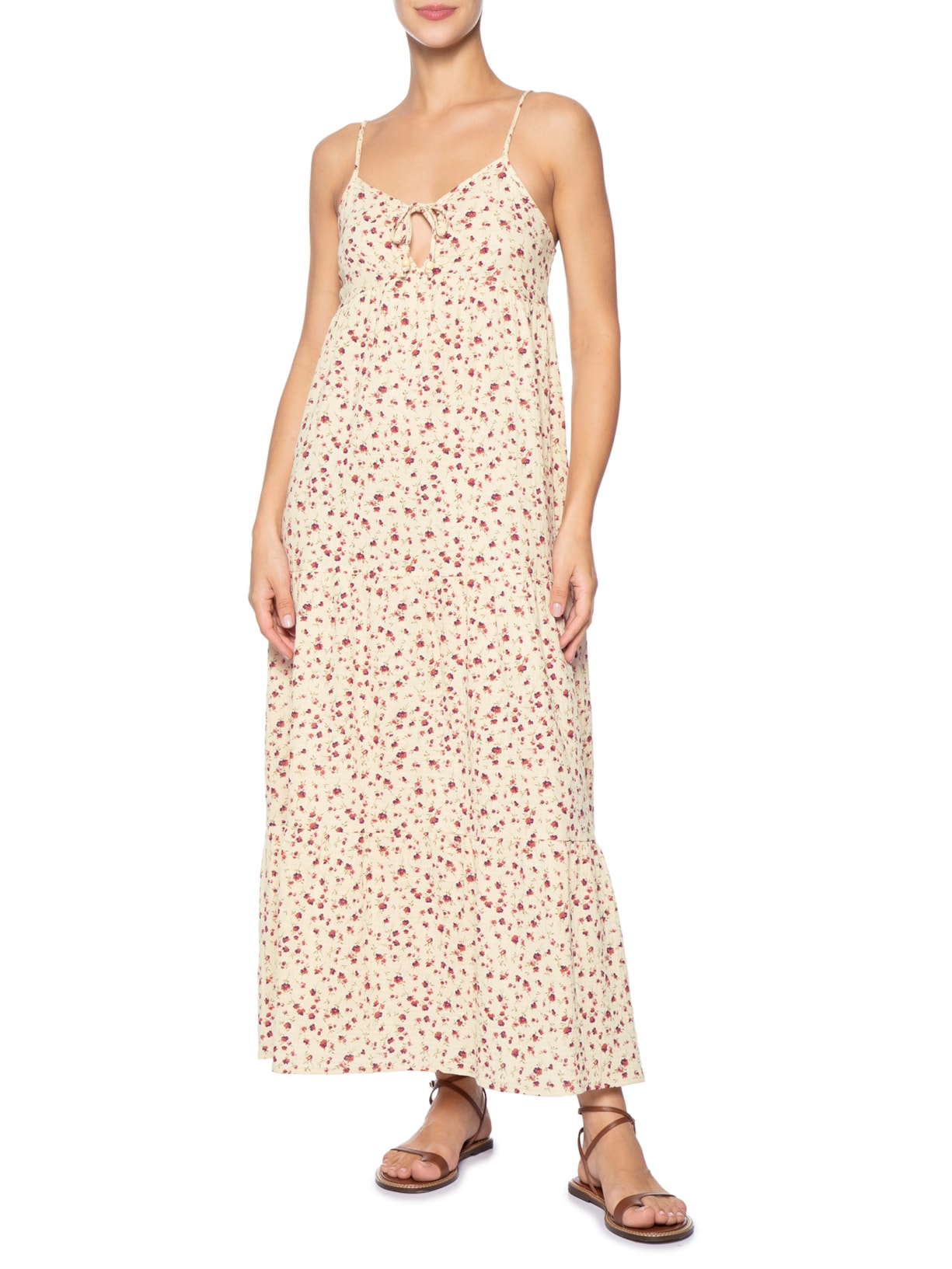 Vestido Midi Com Amarração Estampado Bege Basiq