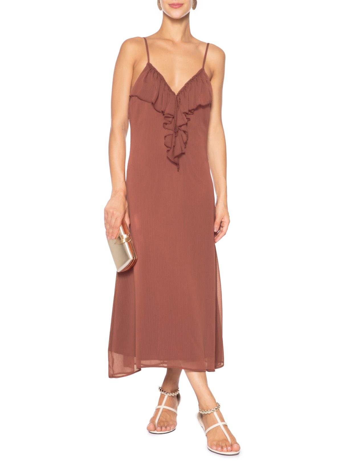 Vestido Midi Com Babado Marrom Market 33