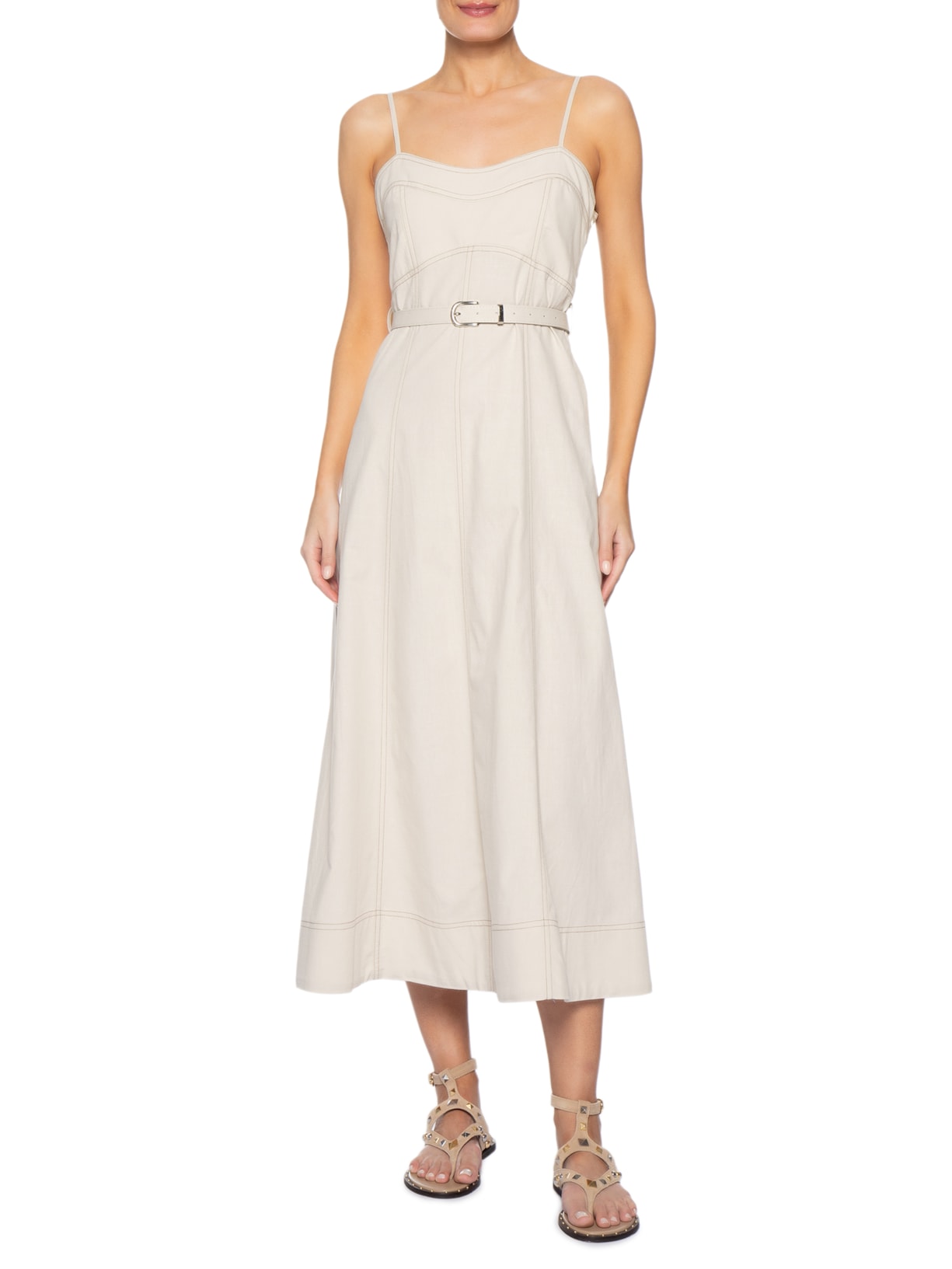 Vestido Midi Com Cinto Bege Basiq