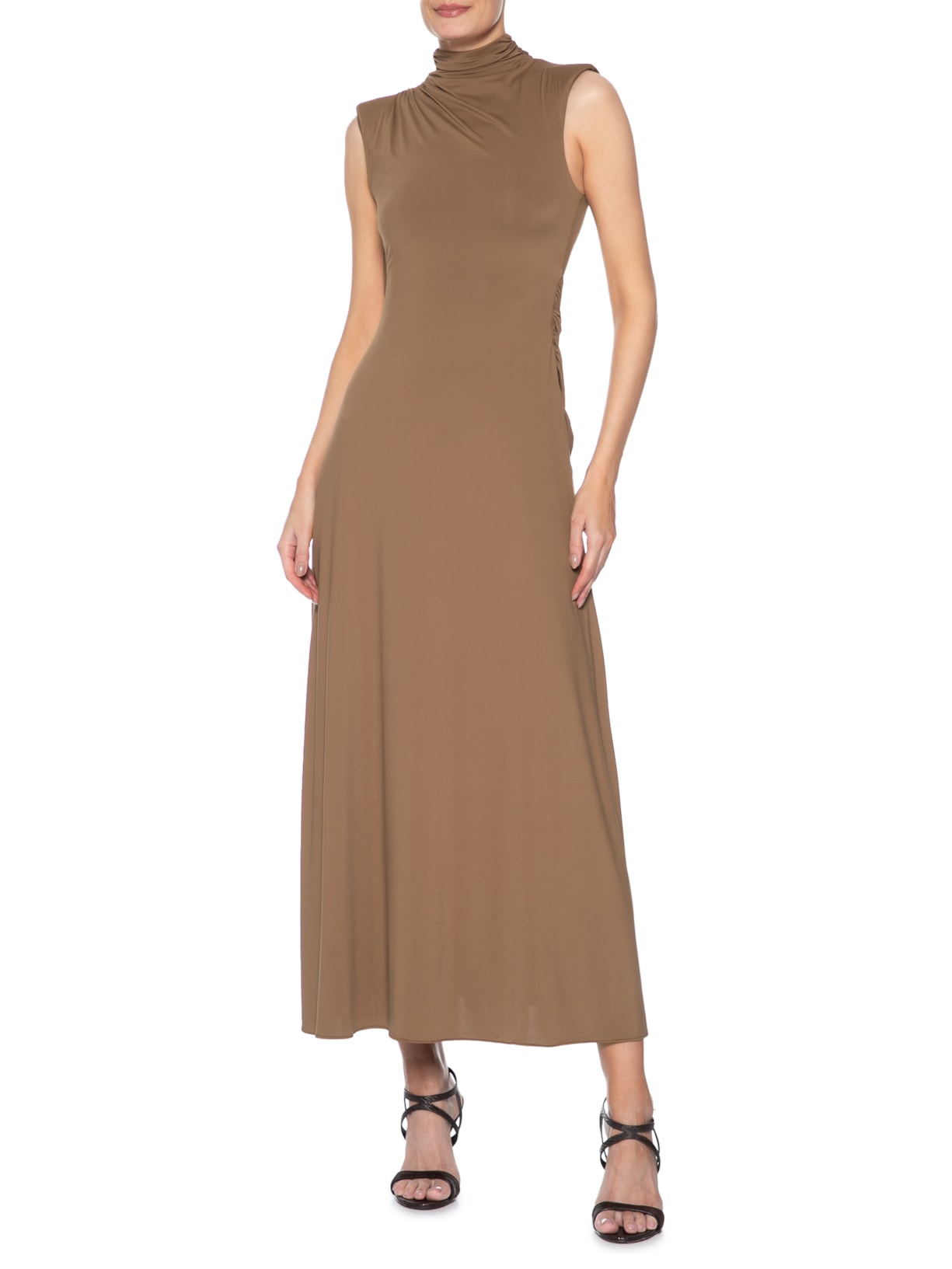 Vestido Midi Com Decote Costas Profundo Com Drapeados Marrom '2Essential