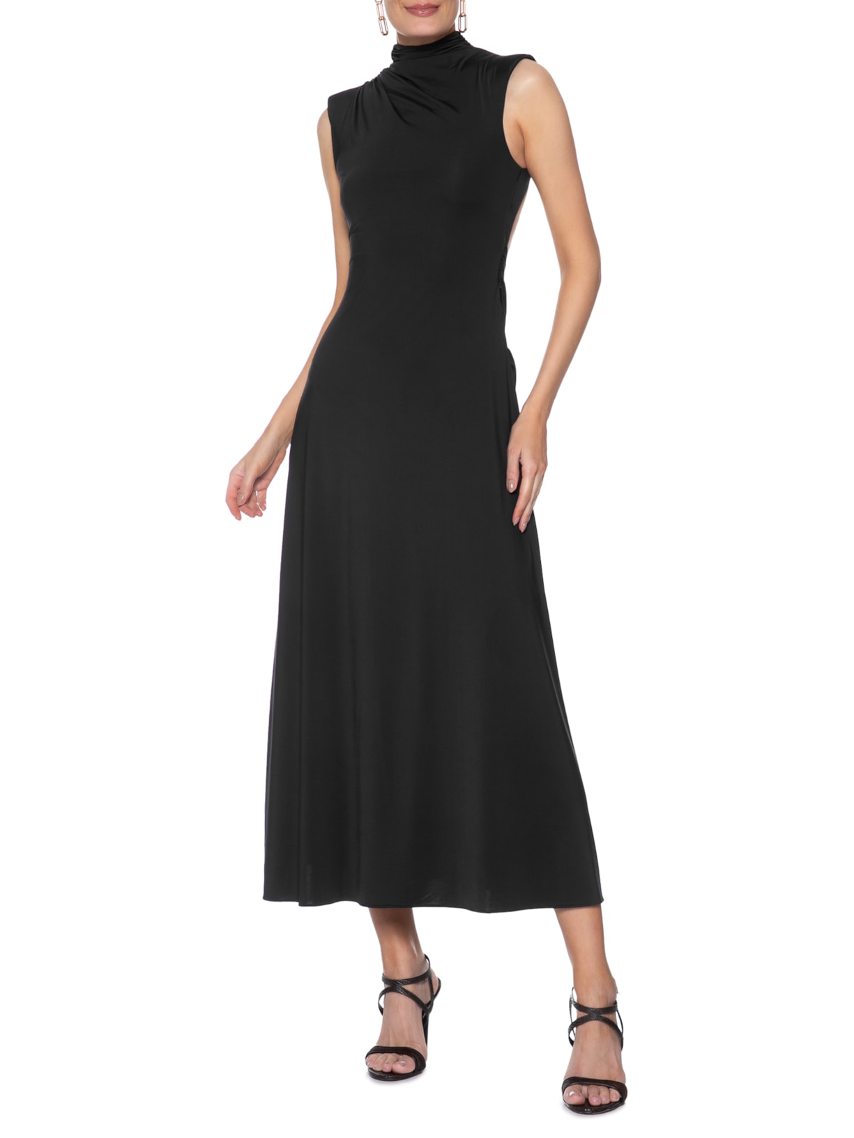 Vestido Midi Com Decote Costas Profundo Com Drapeados Preto '2Essential