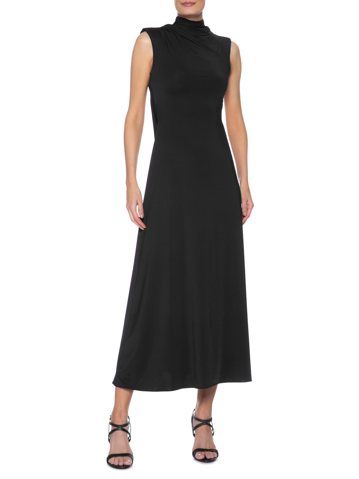 Vestido Midi Com Decote Costas Profundo Com Drapeados Preto '2Essential