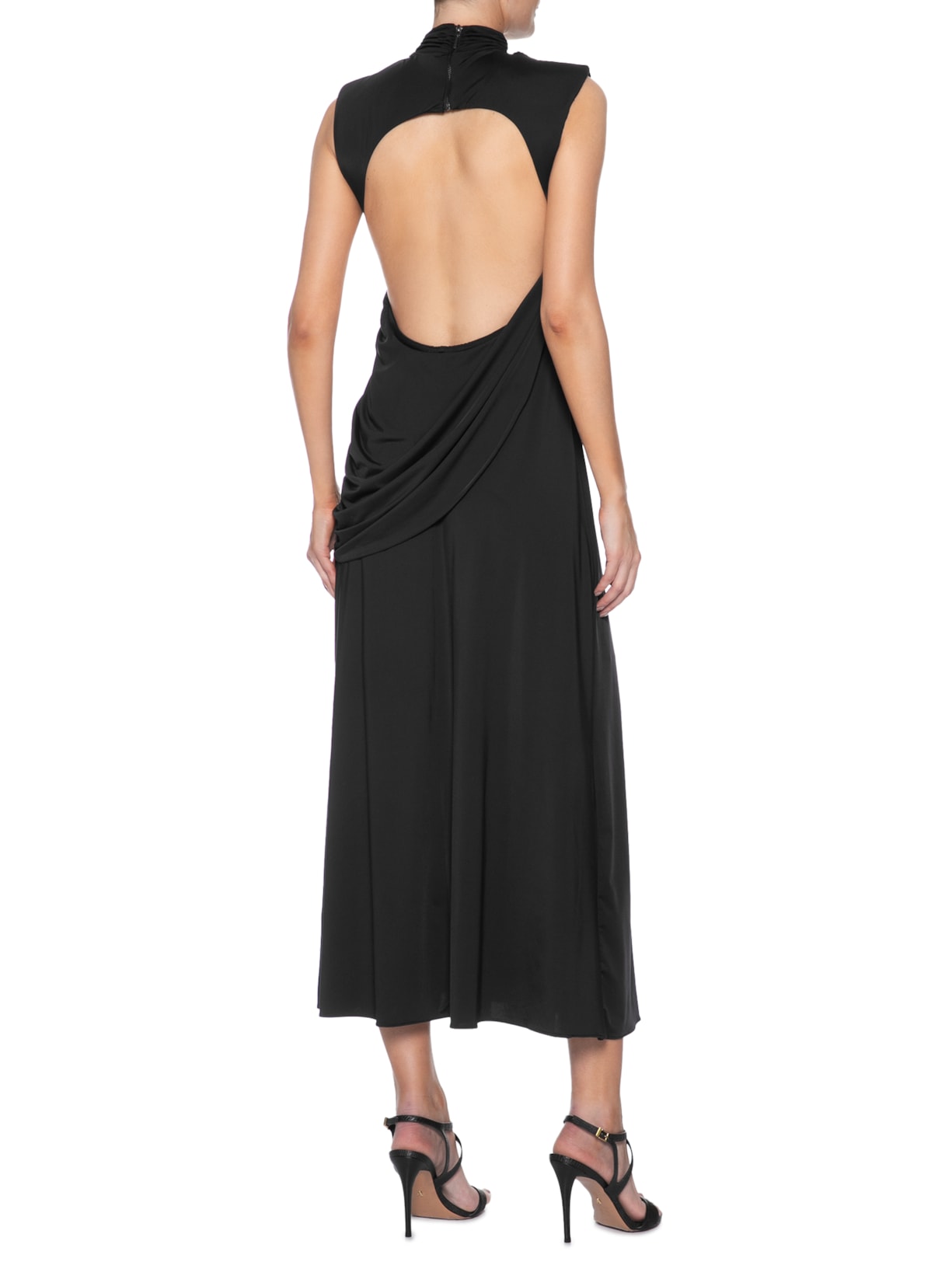 Vestido Midi Com Decote Costas Profundo Com Drapeados Preto '2Essential