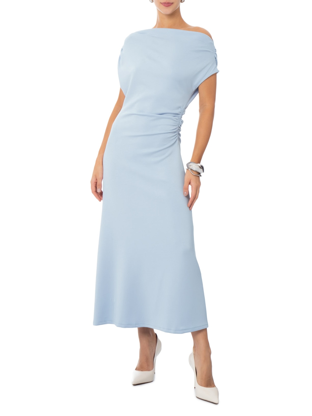 Vestido Midi Com Decote Degagê E Franzido Em Malha Azul '2Essential