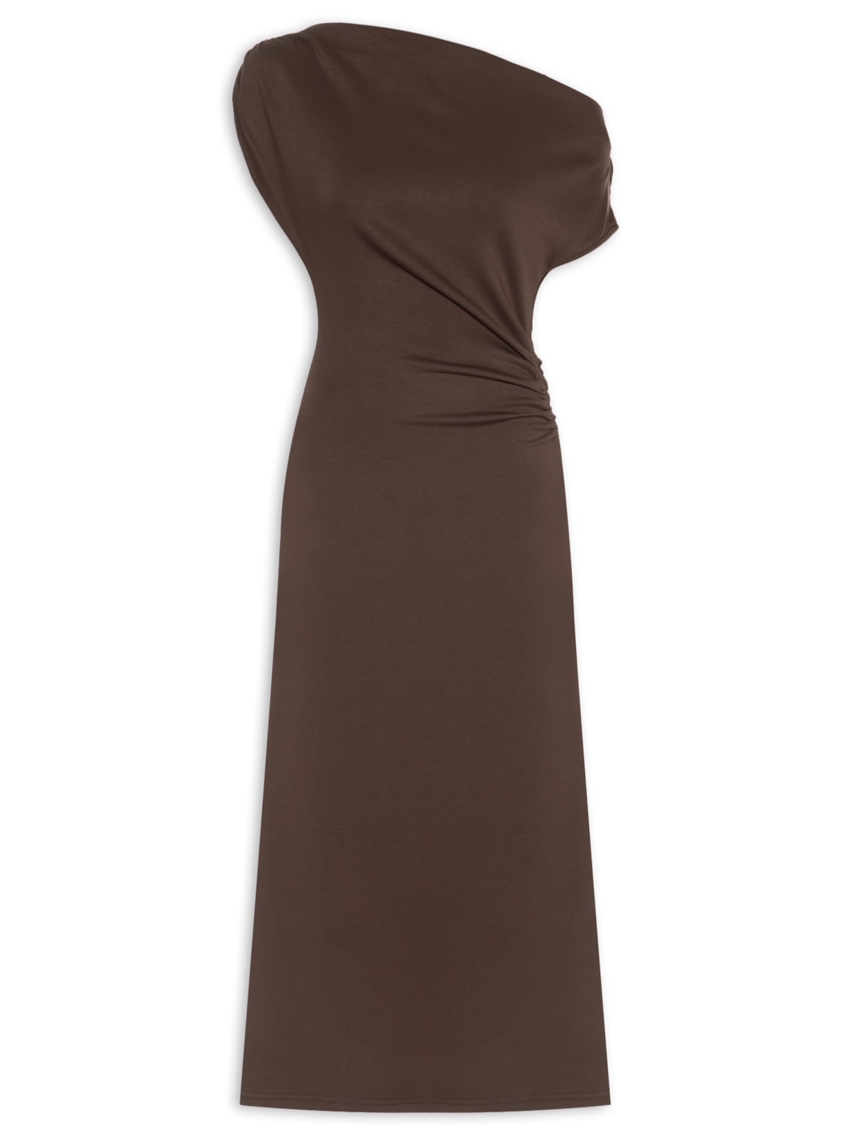 Vestido Midi Com Decote Degagê E Franzido Em Malha Marrom '2Essential