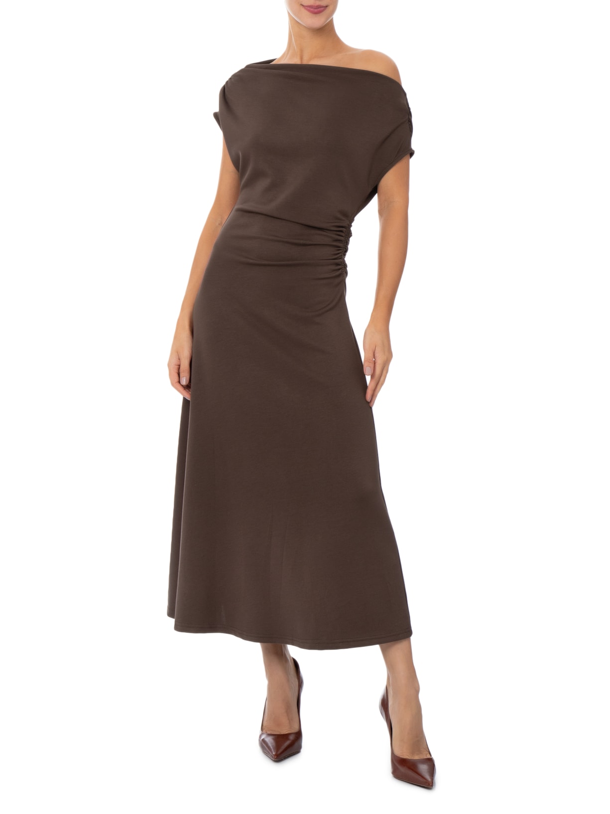 Vestido Midi Com Decote Degagê E Franzido Em Malha Marrom '2Essential