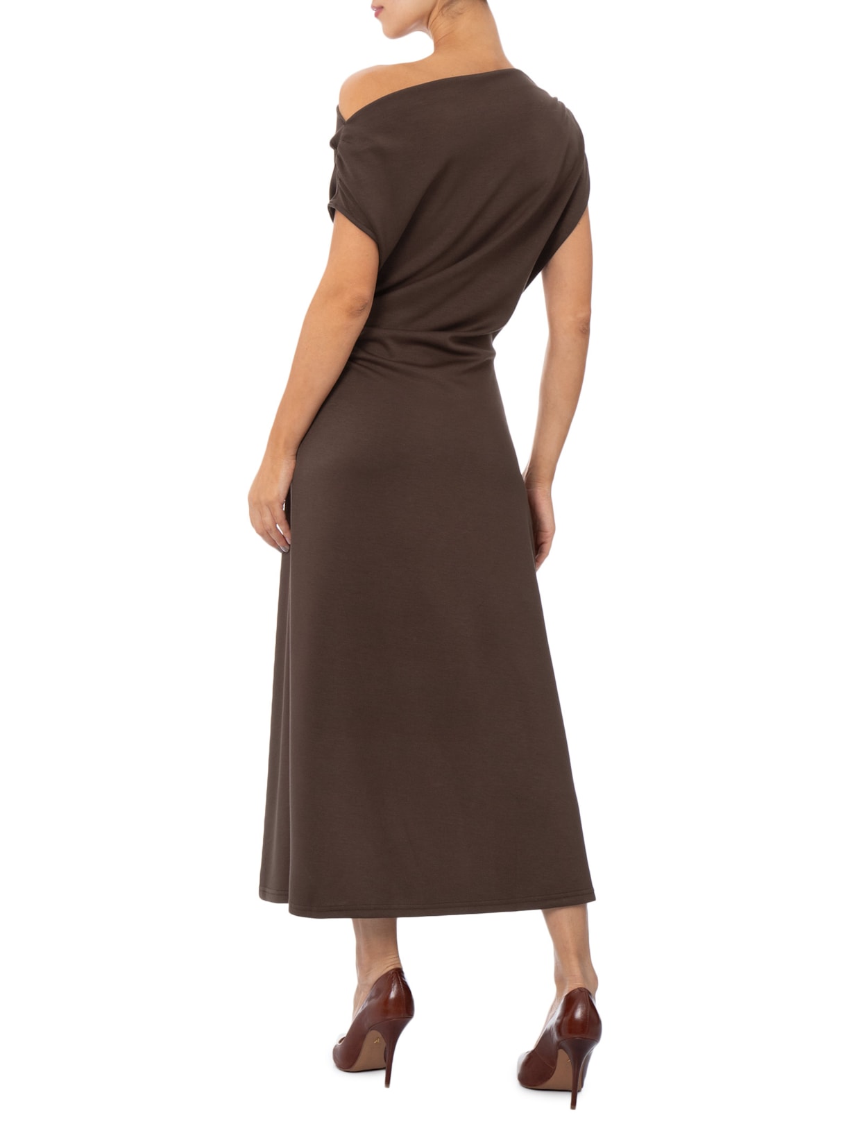 Vestido Midi Com Decote Degagê E Franzido Em Malha Marrom '2Essential