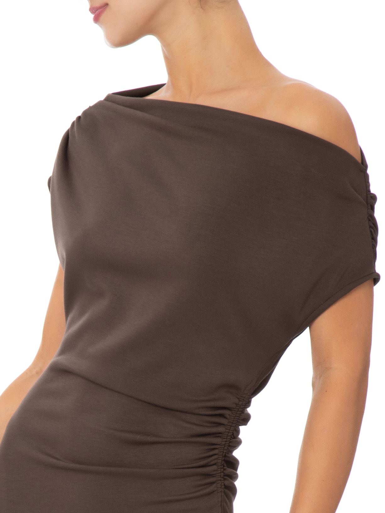 Vestido Midi Com Decote Degagê E Franzido Em Malha Marrom '2Essential