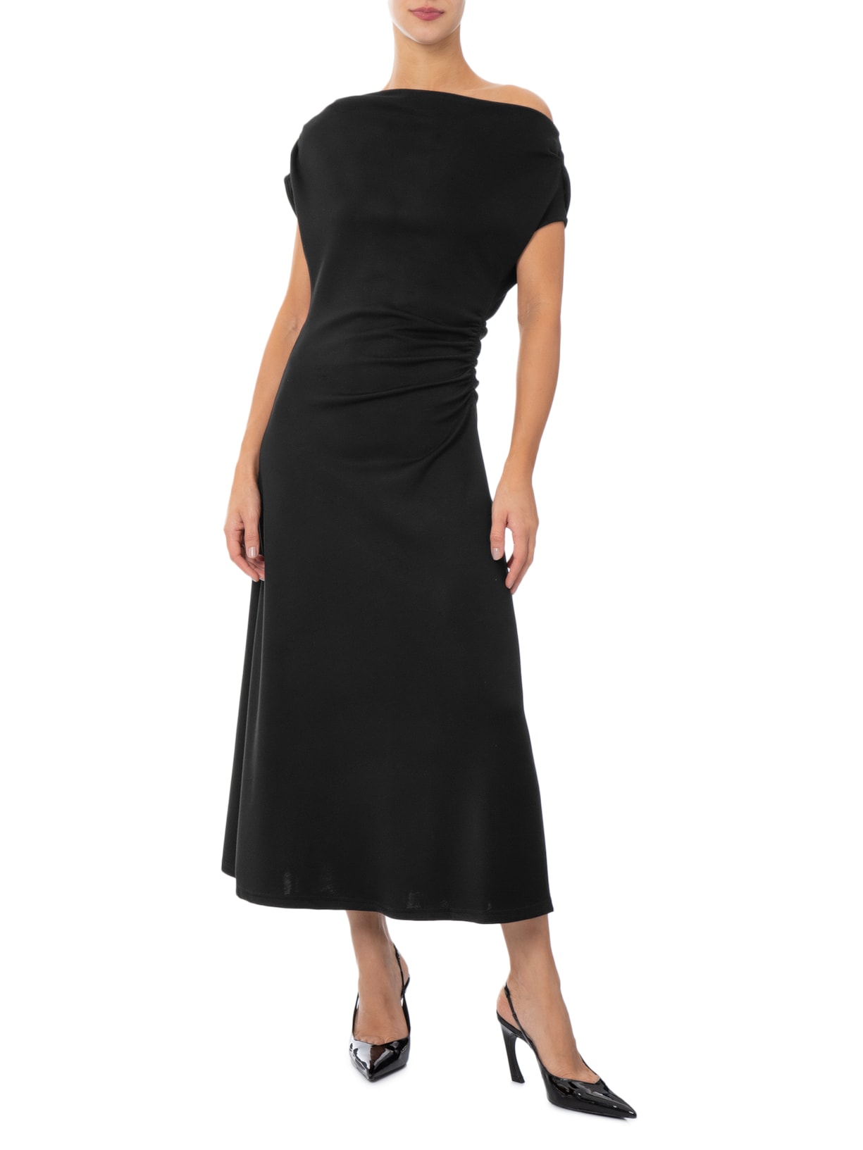 Vestido Midi Com Decote Degagê E Franzido Em Malha Preto '2Essential
