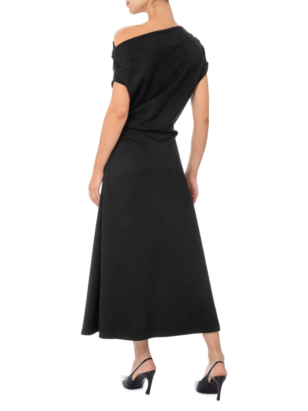 Vestido Midi Com Decote Degagê E Franzido Em Malha Preto '2Essential