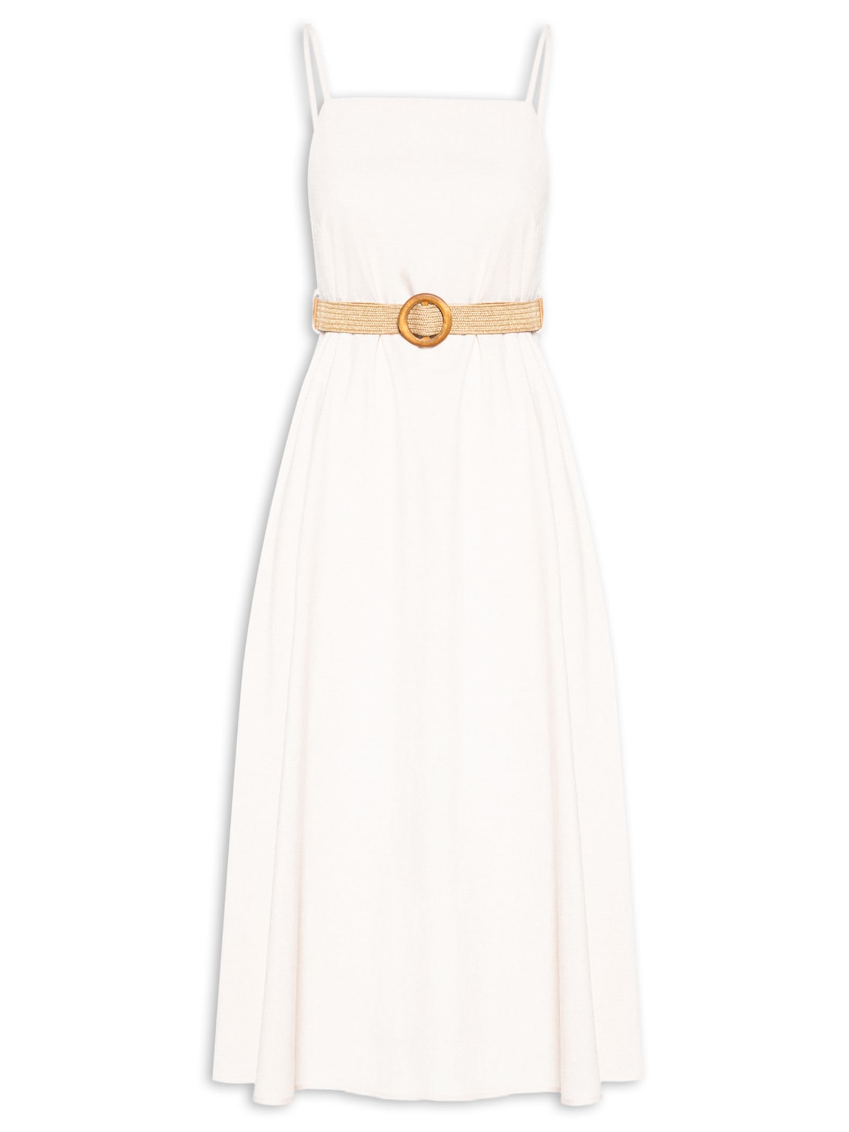 Vestido Midi Com Decote Reto Alça Regulável - Bege