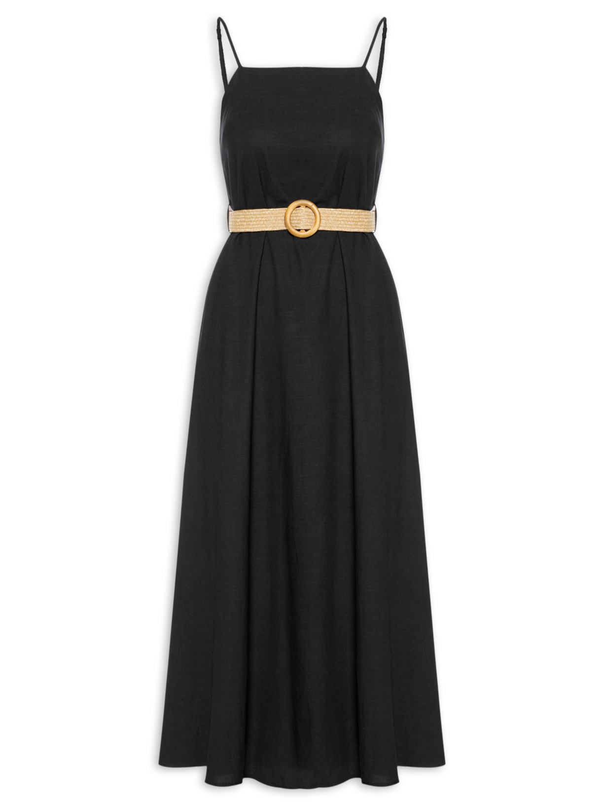 Vestido Midi Com Decote Reto Alça Regulável - Preto