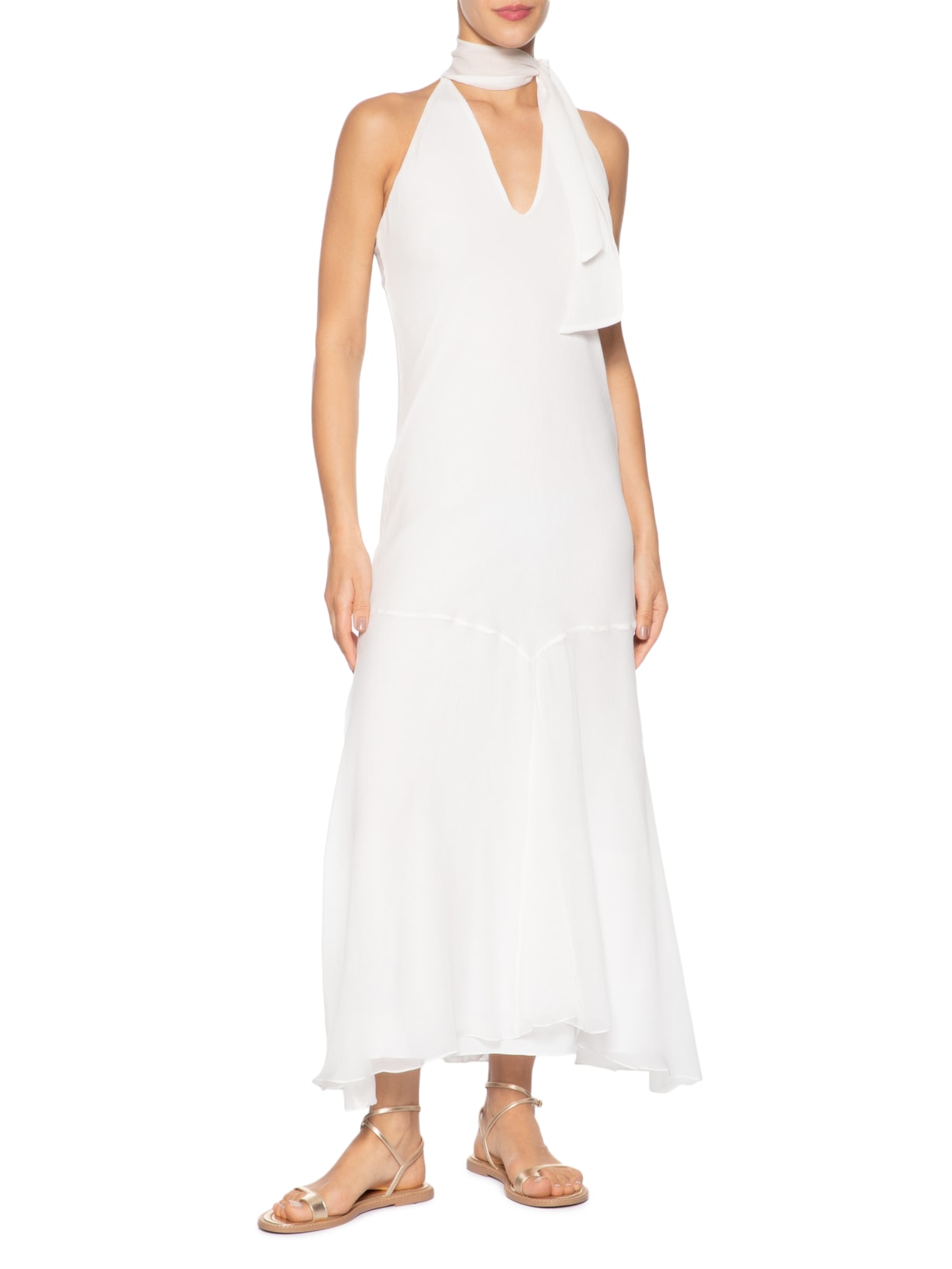 Vestido Midi Com Decote V Em Seda Pura Branco '2Essential