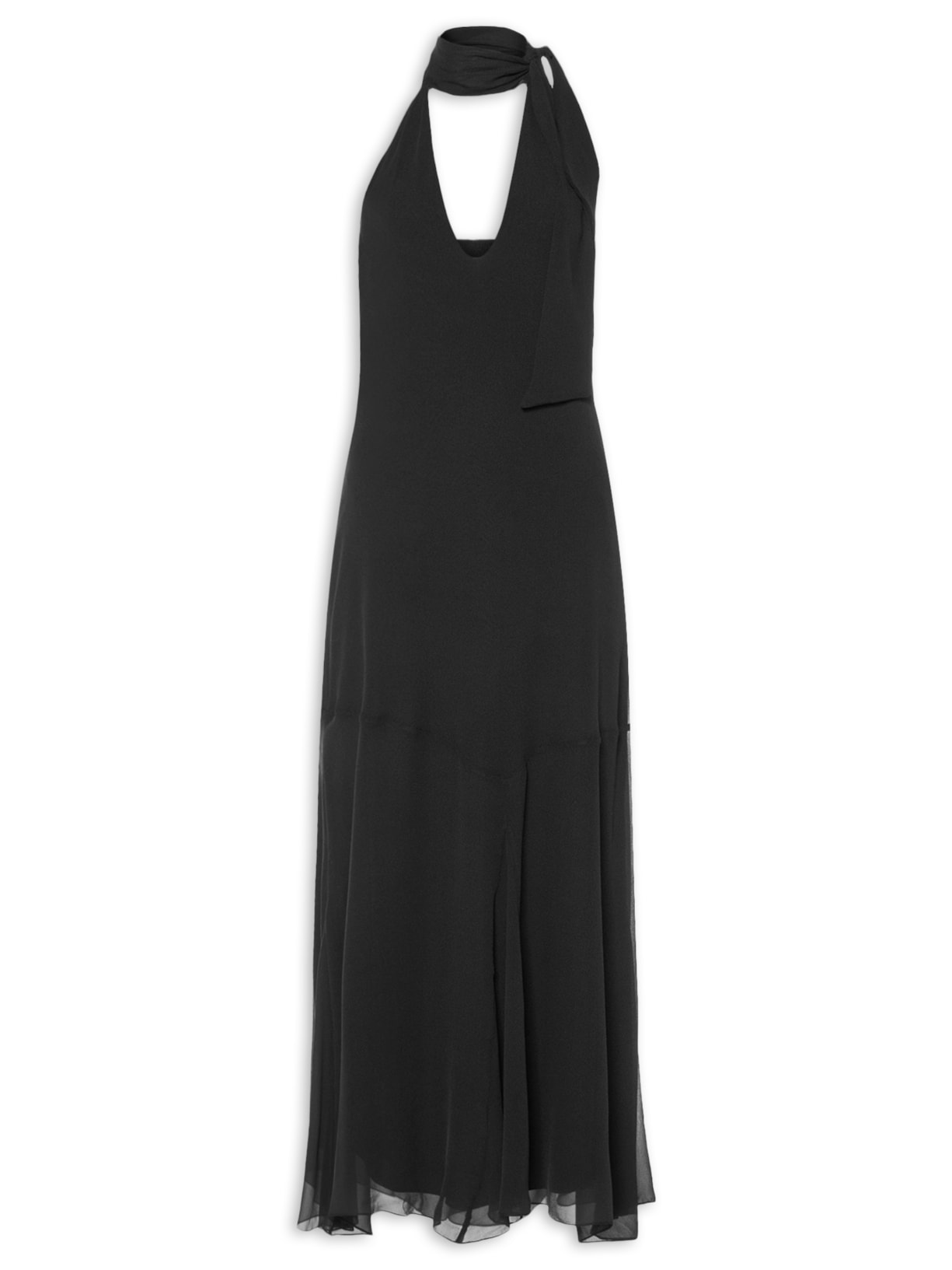Vestido Midi Com Decote V Em Seda Pura - Preto