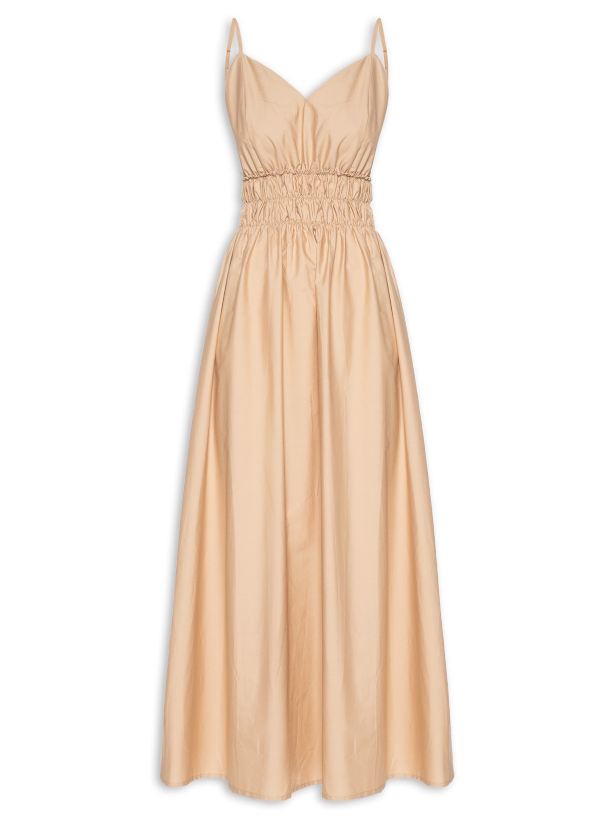 Vestido Midi Com Detalhe Franzido Na Cintura - Bege