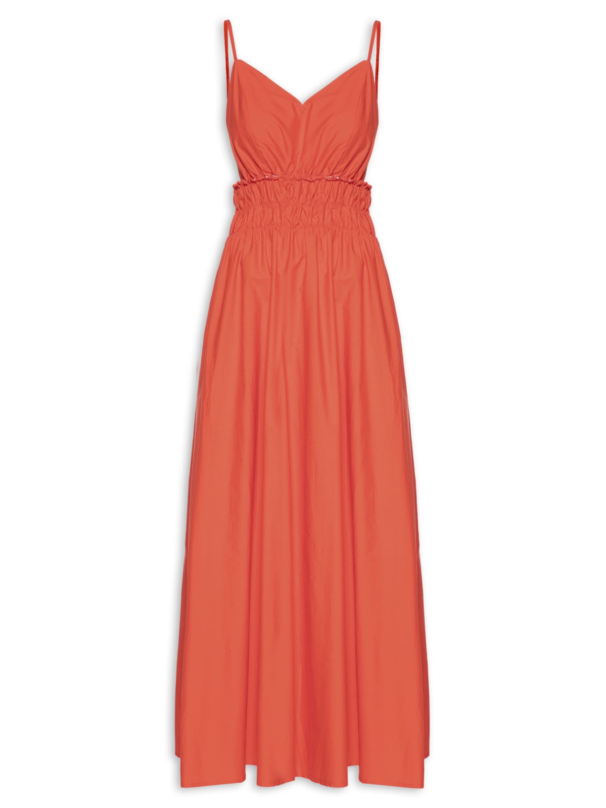 Vestido Midi Com Detalhe Franzido Na Cintura - Laranja