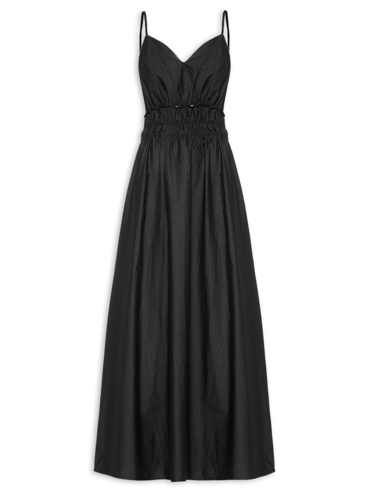 Vestido Midi Com Detalhe Franzido Na Cintura - Preto