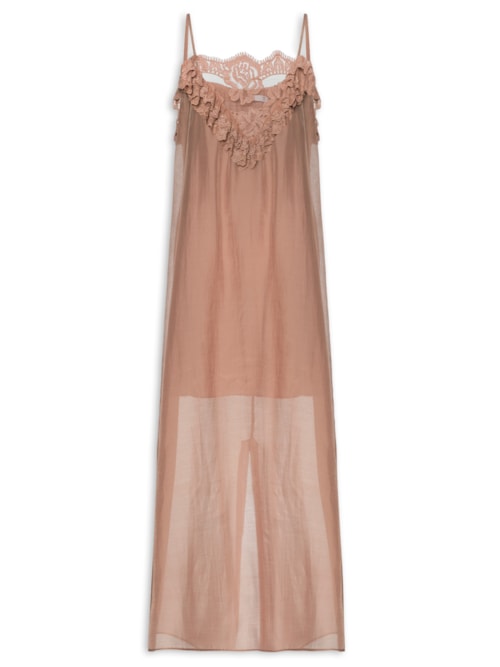 Vestido Midi Com Detalhes Em Renda - Marrom