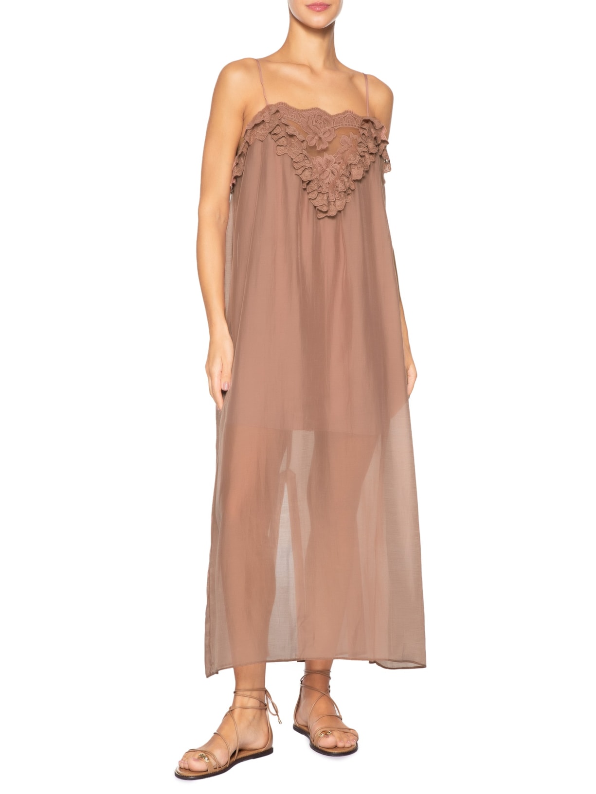 Vestido Midi Com Detalhes Em Renda Marrom '2Essential