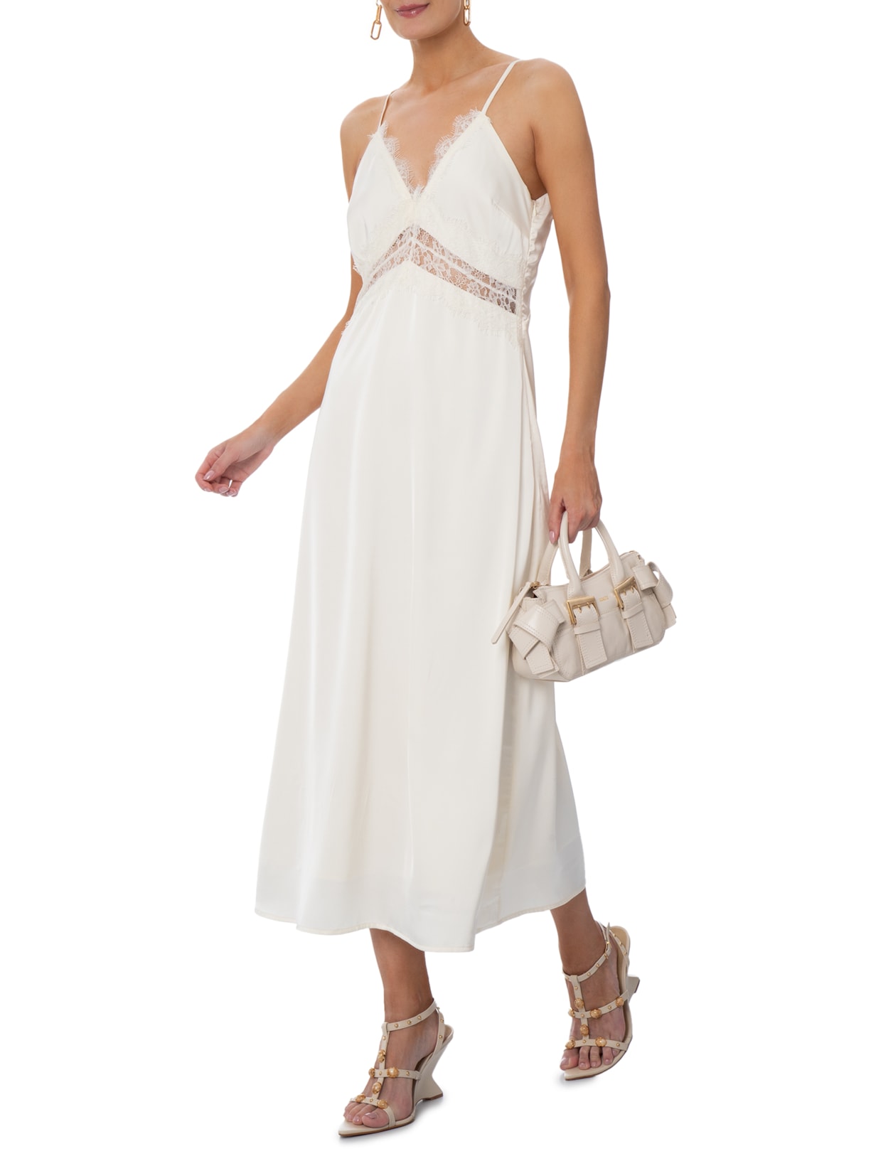 Vestido Midi Com Detalhes Em Renda Off White Market 33