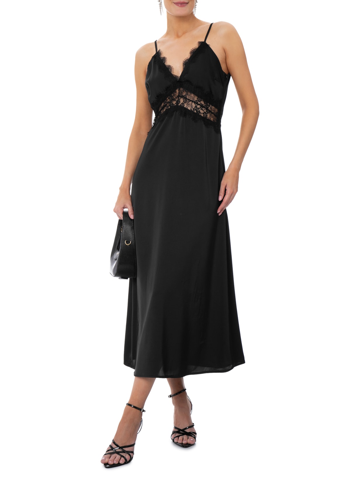 Vestido Midi Com Detalhes Em Renda Preto Market 33