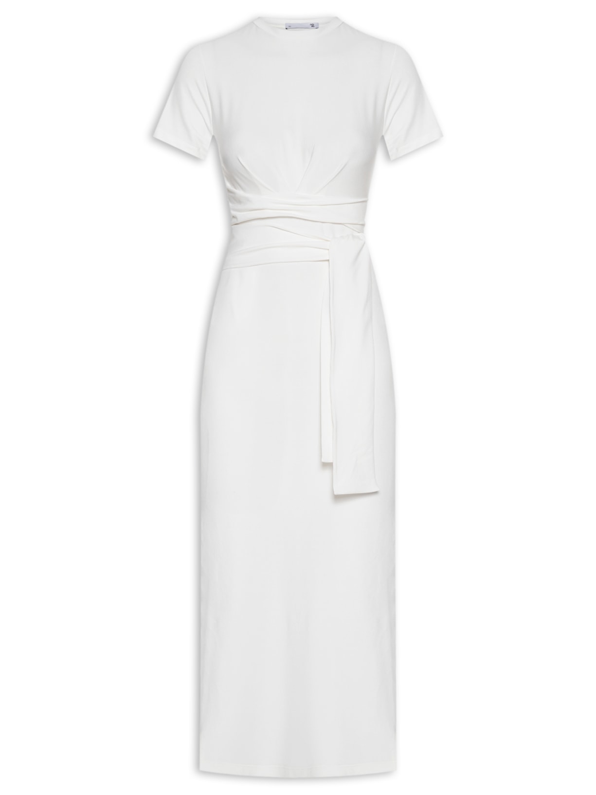 Vestido Midi Com Fenda Lateral e Faixa - Off White