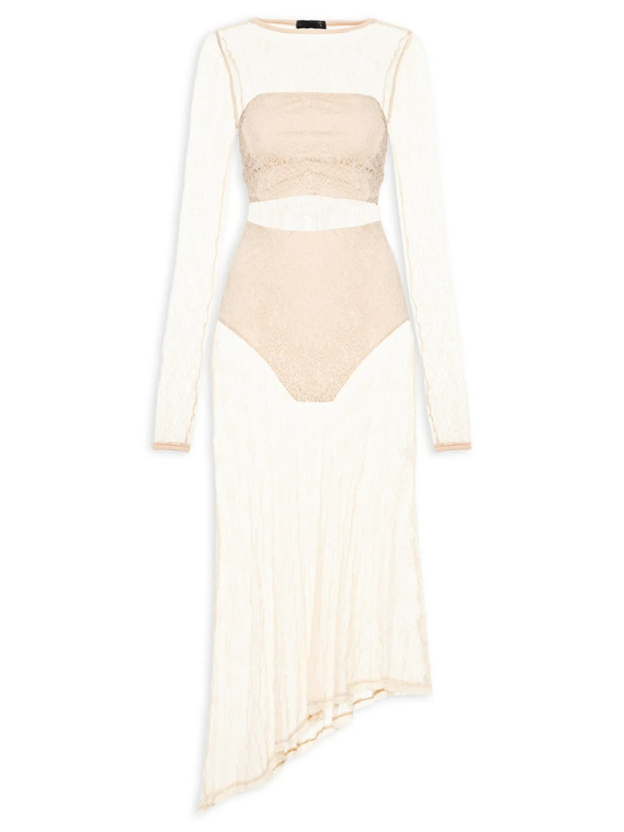 Vestido Midi Com Fenda Nas Costas Em Renda Bege '2Essential