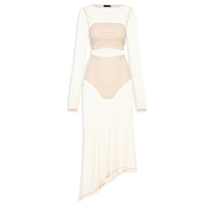 Vestido Midi Com Fenda Nas Costas Em Renda - Bege