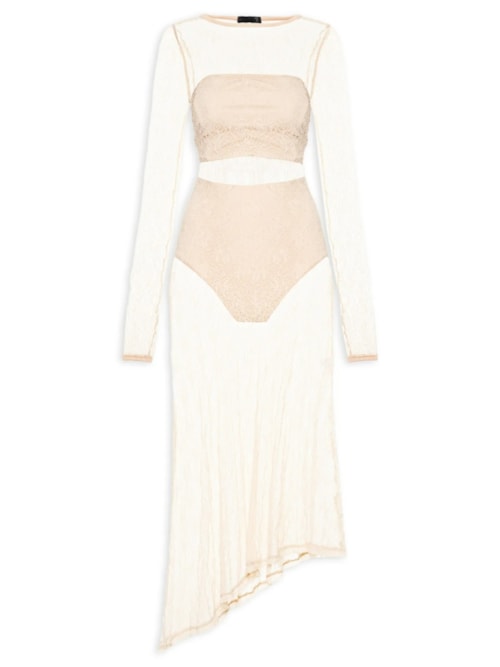 Vestido Midi Com Fenda Nas Costas Em Renda - Bege