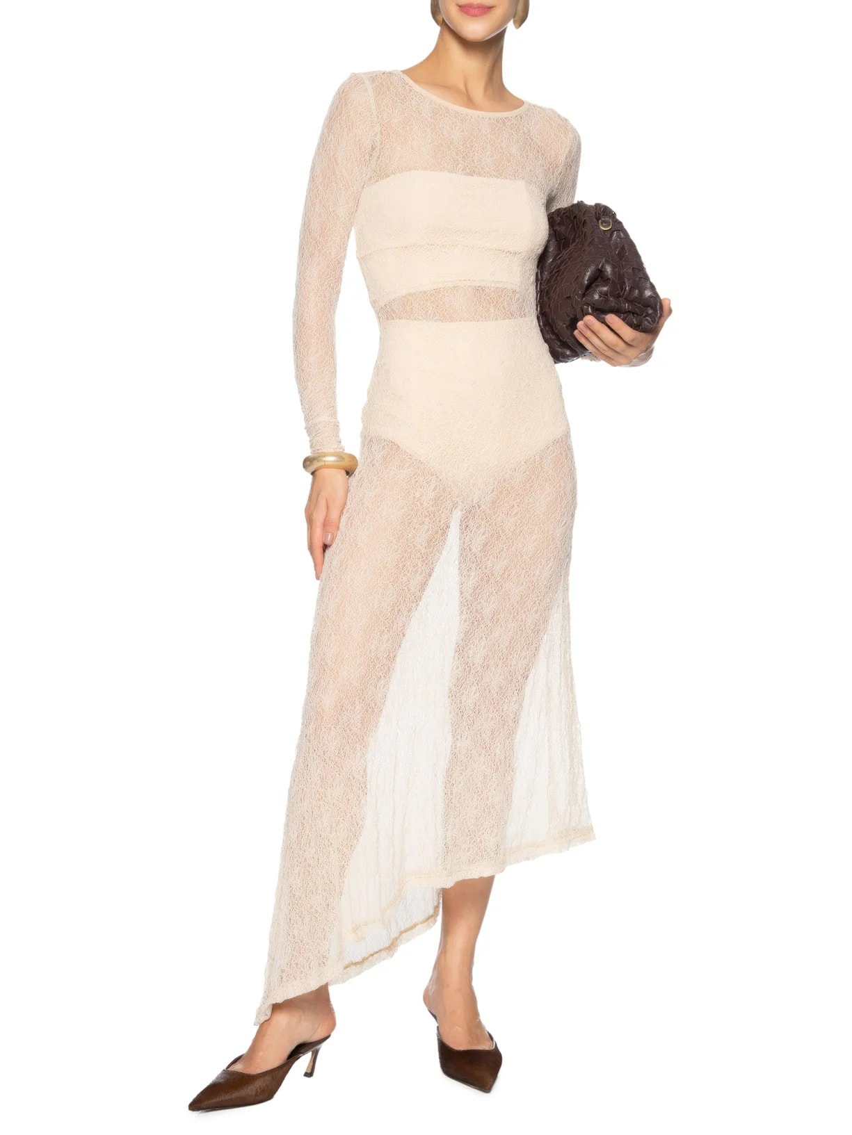 Vestido Midi Com Fenda Nas Costas Em Renda Bege '2Essential